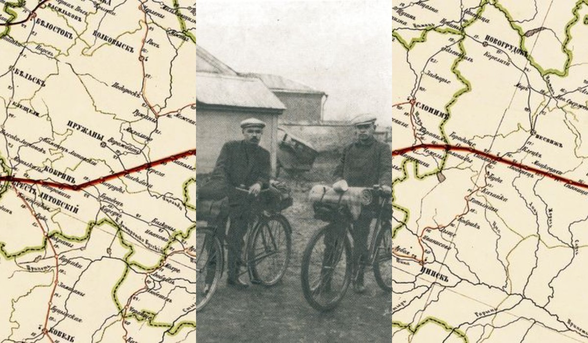 Кузьма Петров-Водкин и Владимир Сорохтин стартуют на велосипедах от Московской заставы 10 апреля 1901 г.